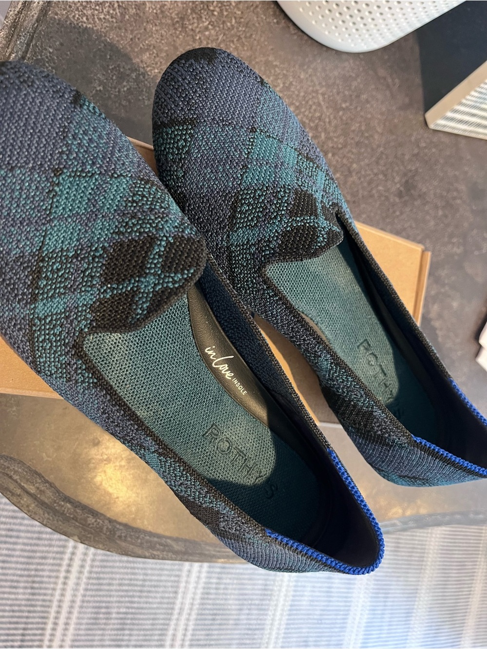 Rothy's Navy and Teal plaid Knit Slip-On Flats the lounge loafer